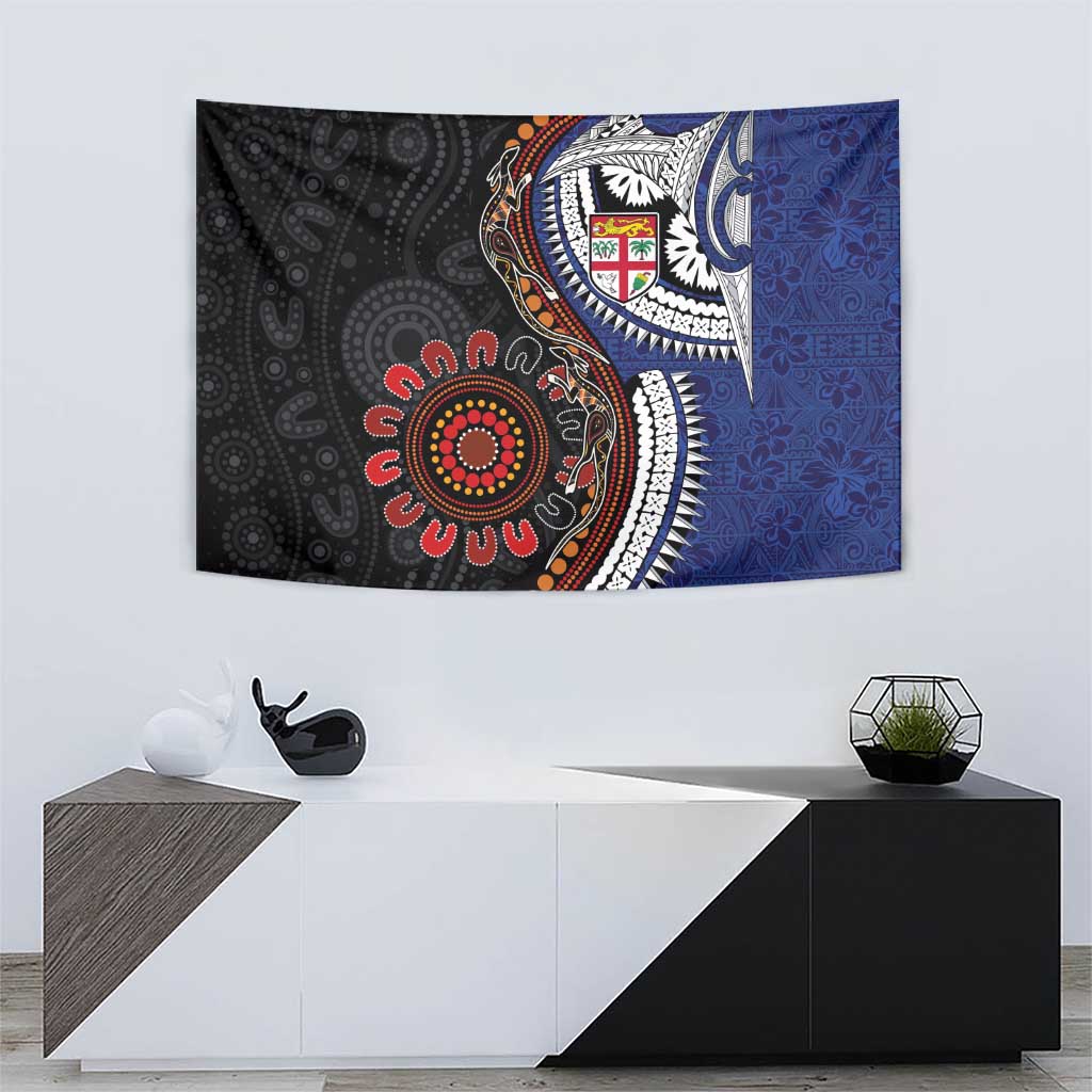 Fiji and Australia Together Tapestry Kangaroo Aboriginal with Tribal Tapa Hibiscus Half Style - Aussie Hoodie