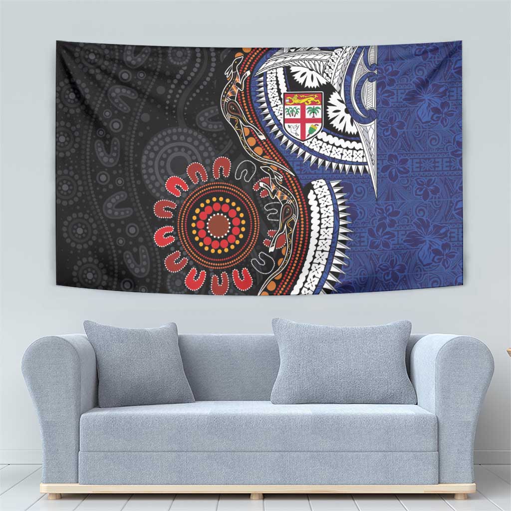 Fiji and Australia Together Tapestry Kangaroo Aboriginal with Tribal Tapa Hibiscus Half Style - Aussie Hoodie