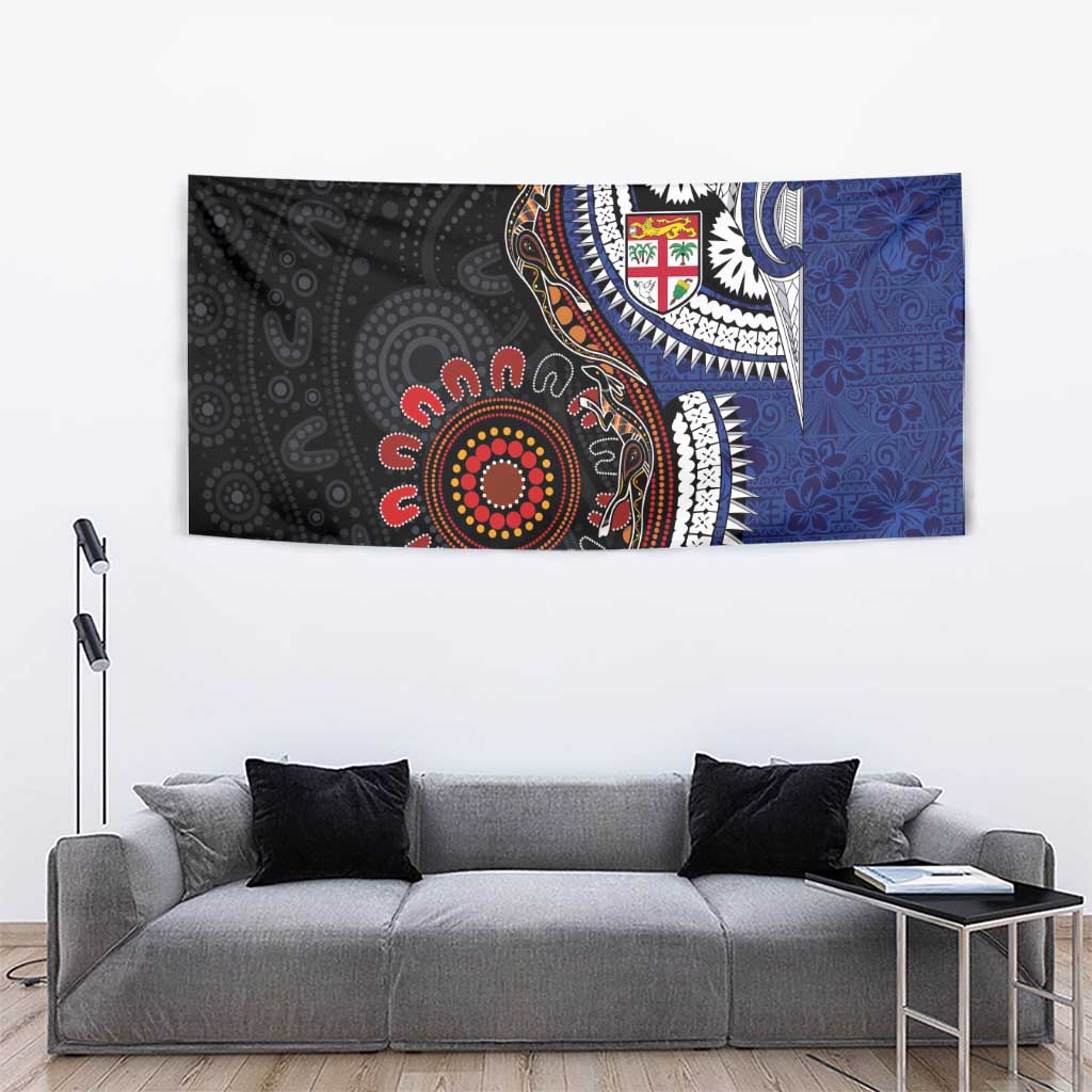 Fiji and Australia Together Tapestry Kangaroo Aboriginal with Tribal Tapa Hibiscus Half Style - Aussie Hoodie