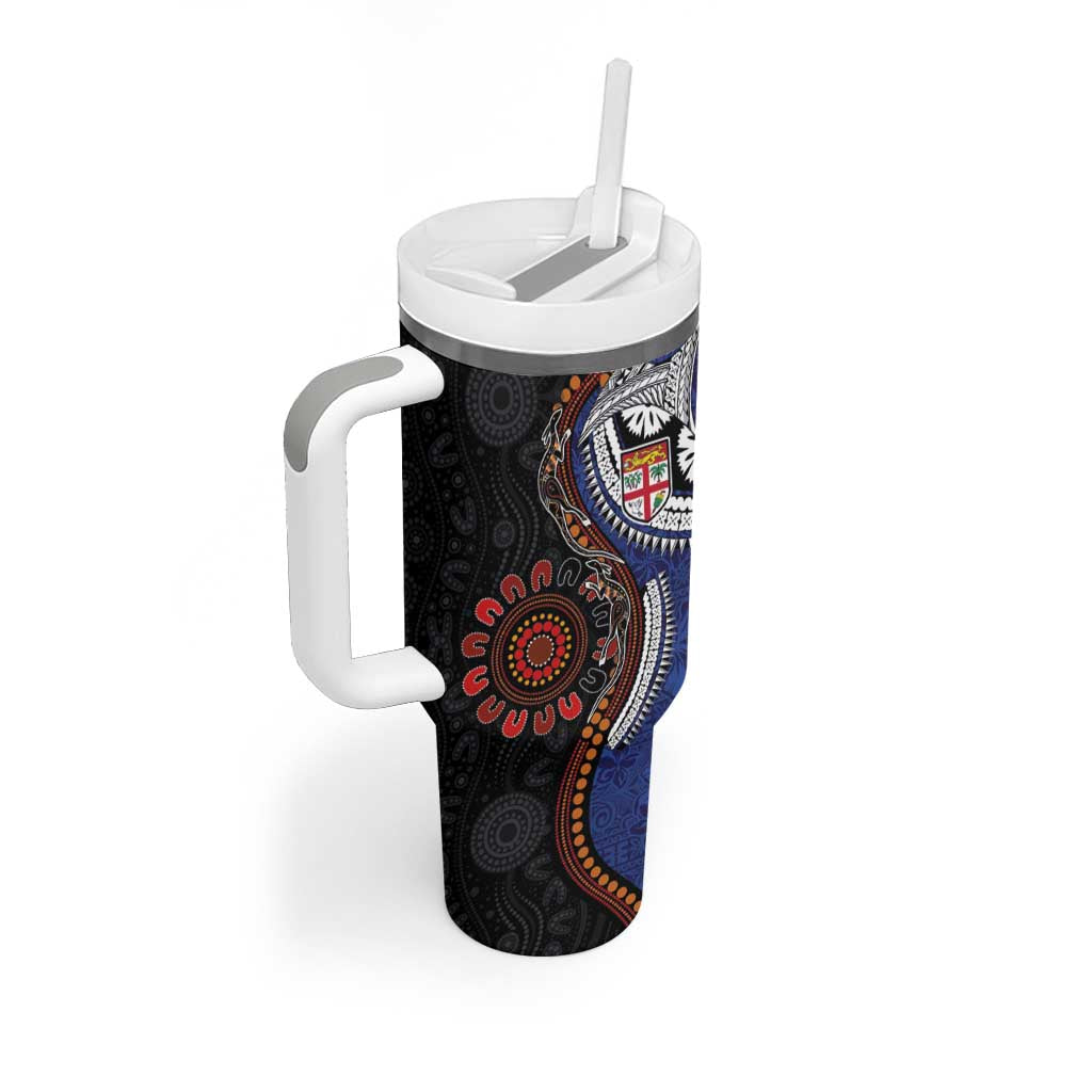 Fiji and Australia Together Tumbler With Handle Kangaroo Aboriginal with Tribal Tapa Hibiscus Half Style - Aussie Hoodie