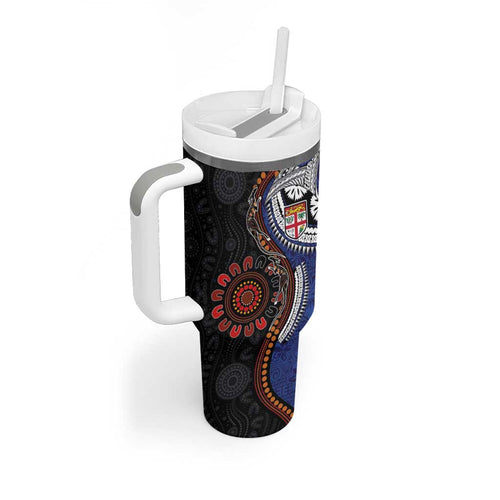 Fiji and Australia Together Tumbler With Handle Kangaroo Aboriginal with Tribal Tapa Hibiscus Half Style - Aussie Hoodie