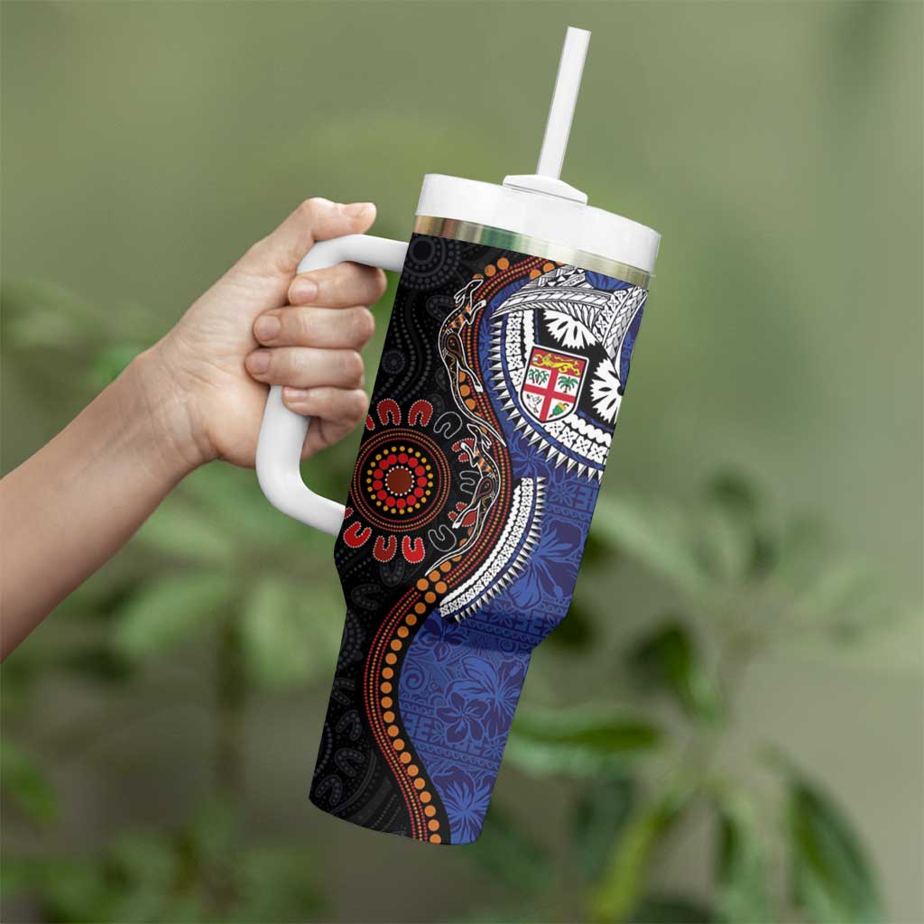 Fiji and Australia Together Tumbler With Handle Kangaroo Aboriginal with Tribal Tapa Hibiscus Half Style - Aussie Hoodie