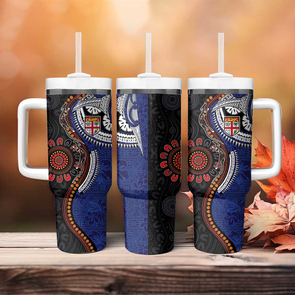 Fiji and Australia Together Tumbler With Handle Kangaroo Aboriginal with Tribal Tapa Hibiscus Half Style - Aussie Hoodie