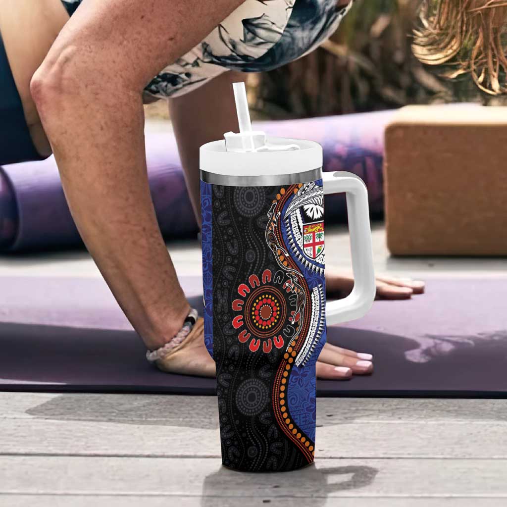 Fiji and Australia Together Tumbler With Handle Kangaroo Aboriginal with Tribal Tapa Hibiscus Half Style - Aussie Hoodie