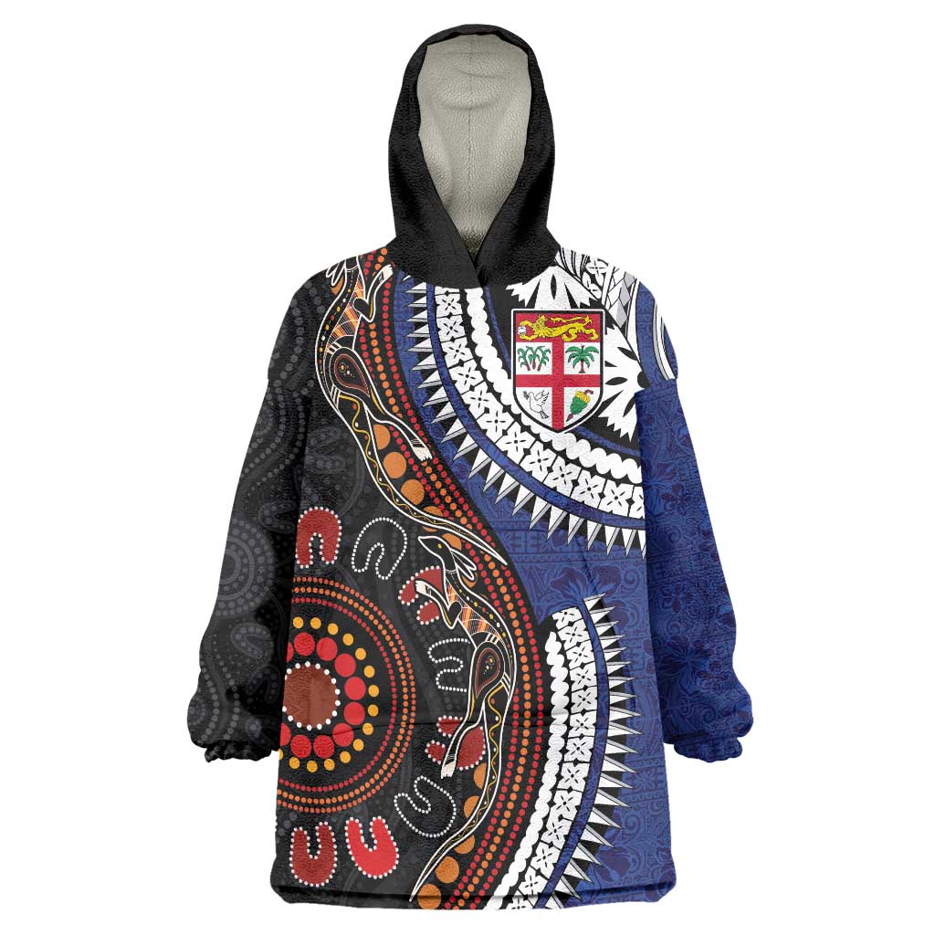 Fiji and Australia Together Wearable Blanket Hoodie Kangaroo Aboriginal with Tribal Tapa Hibiscus Half Style - Aussie Hoodie