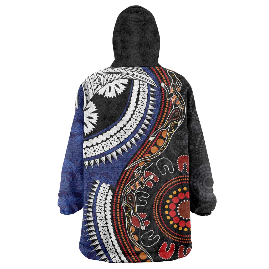 Fiji and Australia Together Wearable Blanket Hoodie Kangaroo Aboriginal with Tribal Tapa Hibiscus Half Style - Aussie Hoodie