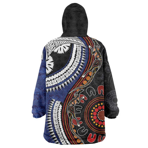 Fiji and Australia Together Wearable Blanket Hoodie Kangaroo Aboriginal with Tribal Tapa Hibiscus Half Style - Aussie Hoodie