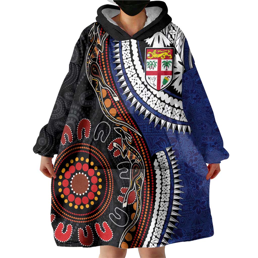 Fiji and Australia Together Wearable Blanket Hoodie Kangaroo Aboriginal with Tribal Tapa Hibiscus Half Style - Aussie Hoodie