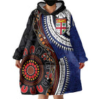 Fiji and Australia Together Wearable Blanket Hoodie Kangaroo Aboriginal with Tribal Tapa Hibiscus Half Style - Aussie Hoodie