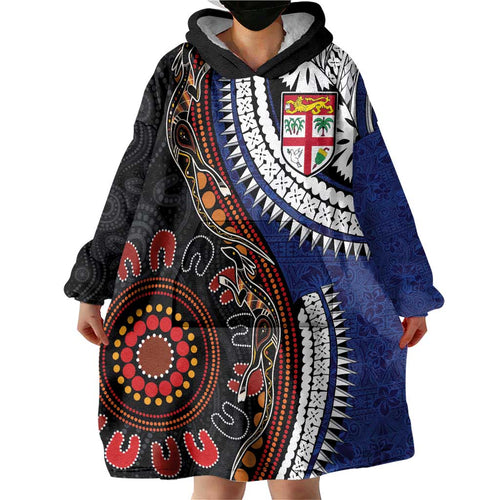 Fiji and Australia Together Wearable Blanket Hoodie Kangaroo Aboriginal with Tribal Tapa Hibiscus Half Style - Aussie Hoodie
