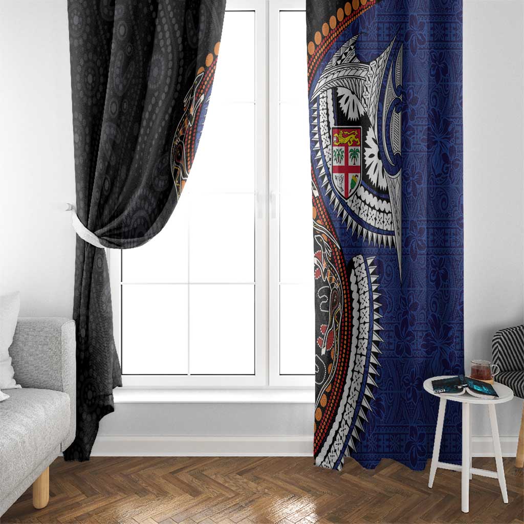 Fiji and Australia Together Window Curtain Kangaroo Aboriginal with Tribal Tapa Hibiscus Half Style - Aussie Hoodie