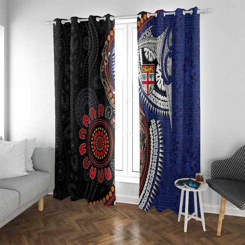 Fiji and Australia Together Window Curtain Kangaroo Aboriginal with Tribal Tapa Hibiscus Half Style - Aussie Hoodie