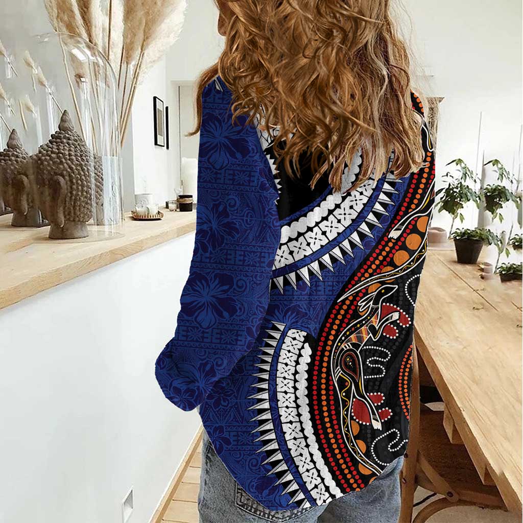 Fiji and Australia Together Women Casual Shirt Kangaroo Aboriginal with Tribal Tapa Hibiscus Half Style - Aussie Hoodie