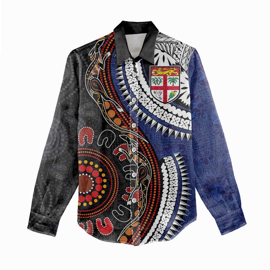Fiji and Australia Together Women Casual Shirt Kangaroo Aboriginal with Tribal Tapa Hibiscus Half Style - Aussie Hoodie