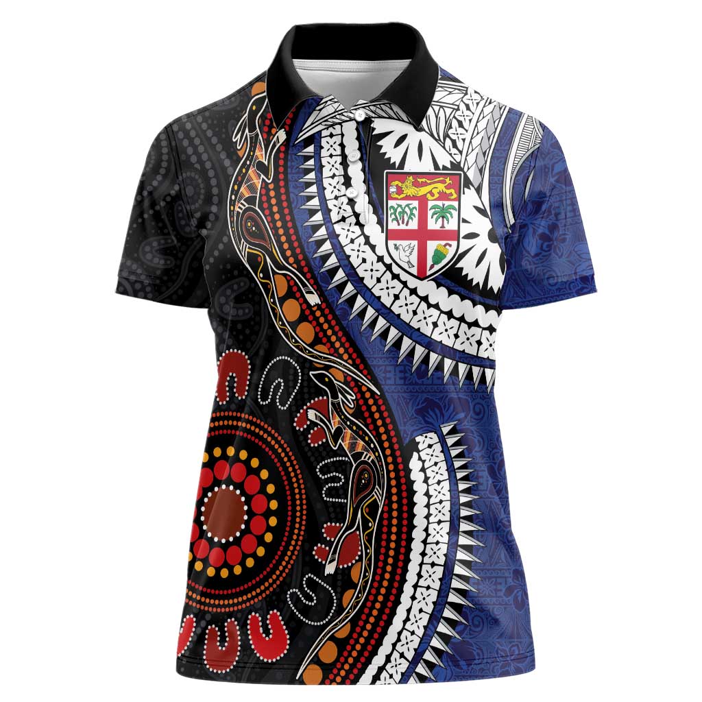 Fiji and Australia Together Women Polo Shirt Kangaroo Aboriginal with Tribal Tapa Hibiscus Half Style - Aussie Hoodie