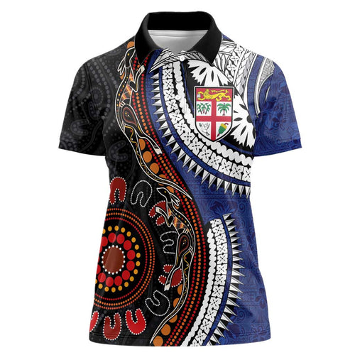 Fiji and Australia Together Women Polo Shirt Kangaroo Aboriginal with Tribal Tapa Hibiscus Half Style - Aussie Hoodie