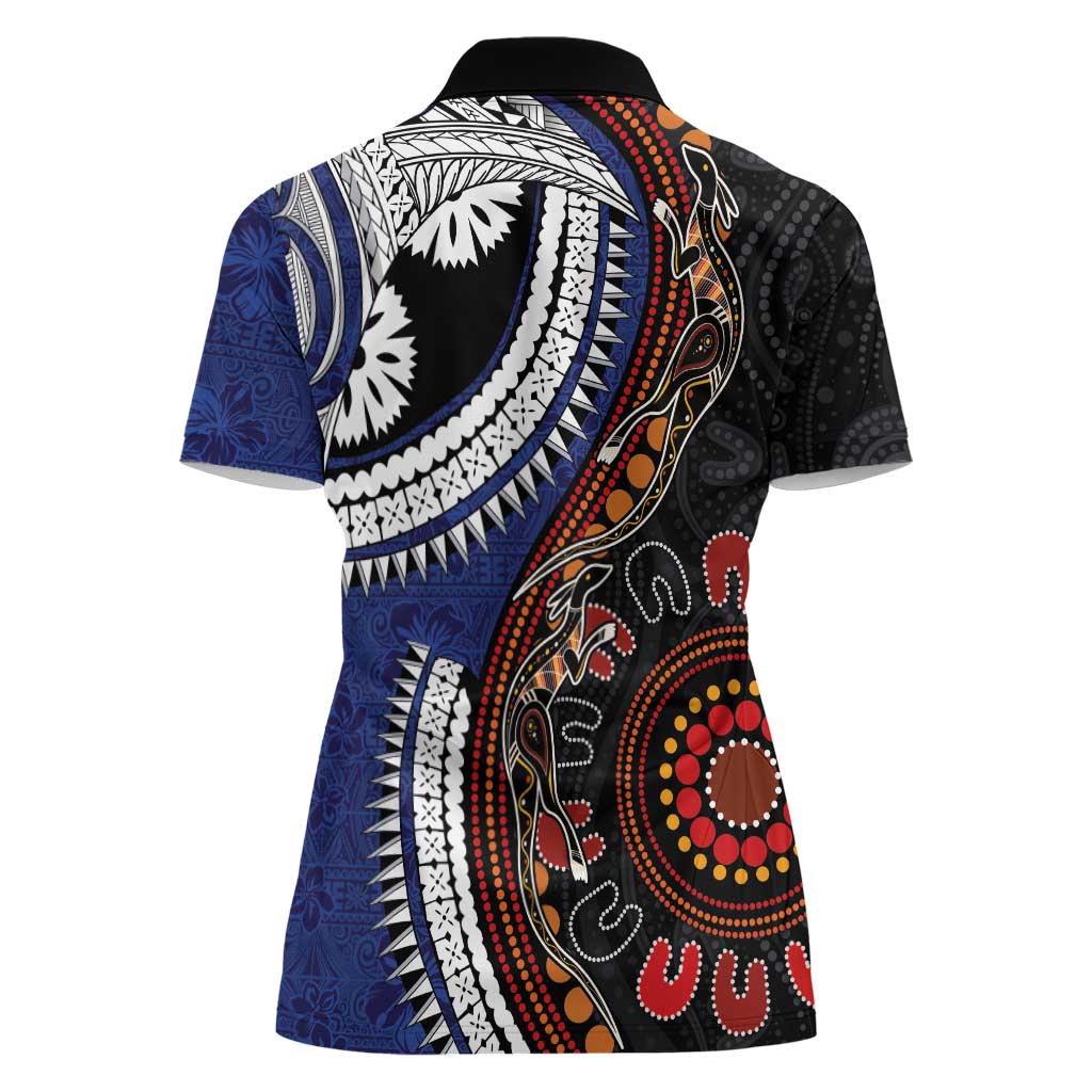 Fiji and Australia Together Women Polo Shirt Kangaroo Aboriginal with Tribal Tapa Hibiscus Half Style - Aussie Hoodie