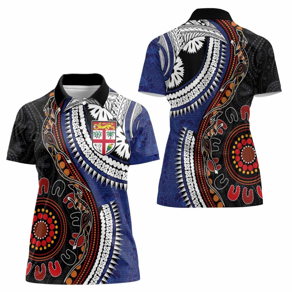 Fiji and Australia Together Women Polo Shirt Kangaroo Aboriginal with Tribal Tapa Hibiscus Half Style - Aussie Hoodie