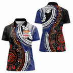 Fiji and Australia Together Women Polo Shirt Kangaroo Aboriginal with Tribal Tapa Hibiscus Half Style - Aussie Hoodie