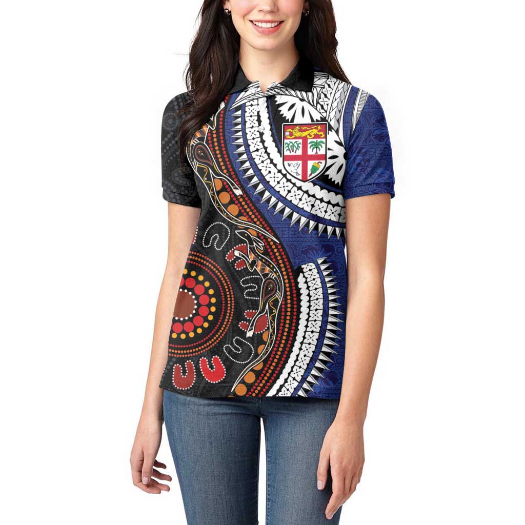 Fiji and Australia Together Women Polo Shirt Kangaroo Aboriginal with Tribal Tapa Hibiscus Half Style - Aussie Hoodie