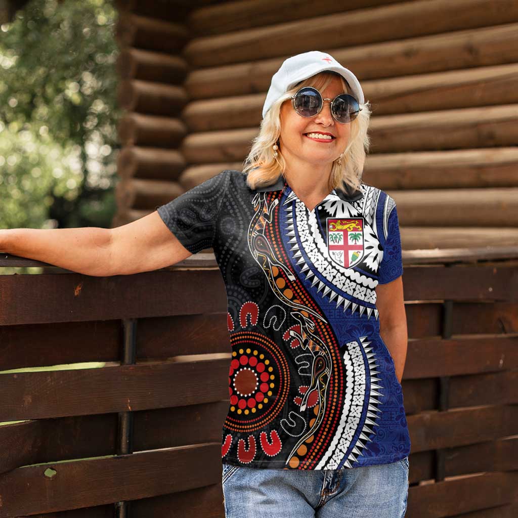 Fiji and Australia Together Women Polo Shirt Kangaroo Aboriginal with Tribal Tapa Hibiscus Half Style - Aussie Hoodie