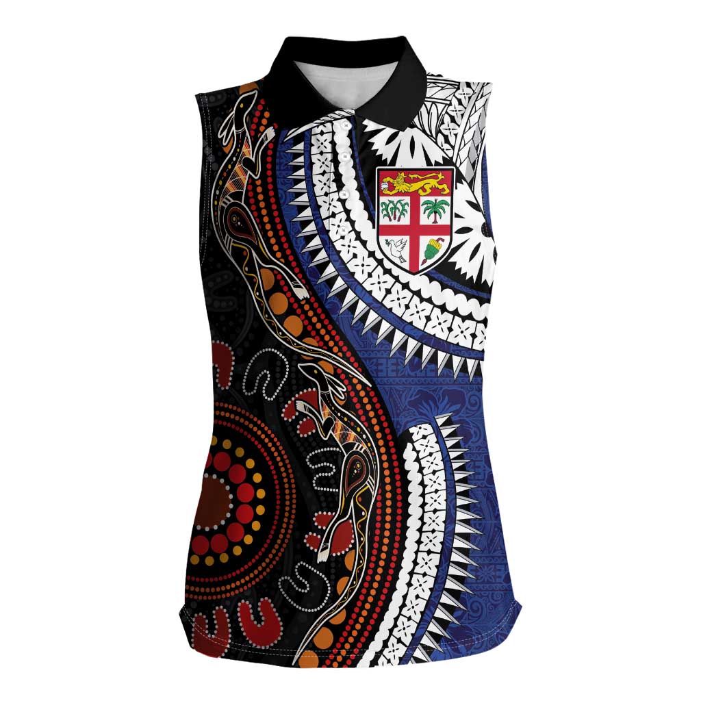 Fiji and Australia Together Women Sleeveless Polo Shirt Kangaroo Aboriginal with Tribal Tapa Hibiscus Half Style - Aussie Hoodie