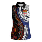Fiji and Australia Together Women Sleeveless Polo Shirt Kangaroo Aboriginal with Tribal Tapa Hibiscus Half Style - Aussie Hoodie
