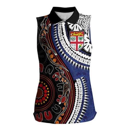 Fiji and Australia Together Women Sleeveless Polo Shirt Kangaroo Aboriginal with Tribal Tapa Hibiscus Half Style - Aussie Hoodie
