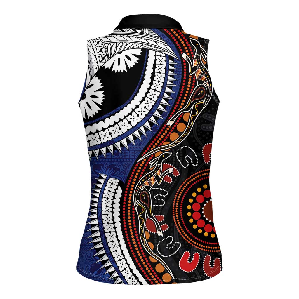 Fiji and Australia Together Women Sleeveless Polo Shirt Kangaroo Aboriginal with Tribal Tapa Hibiscus Half Style - Aussie Hoodie