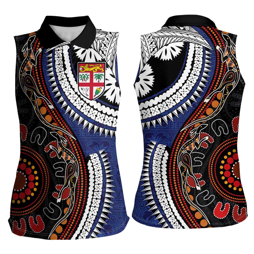 Fiji and Australia Together Women Sleeveless Polo Shirt Kangaroo Aboriginal with Tribal Tapa Hibiscus Half Style - Aussie Hoodie