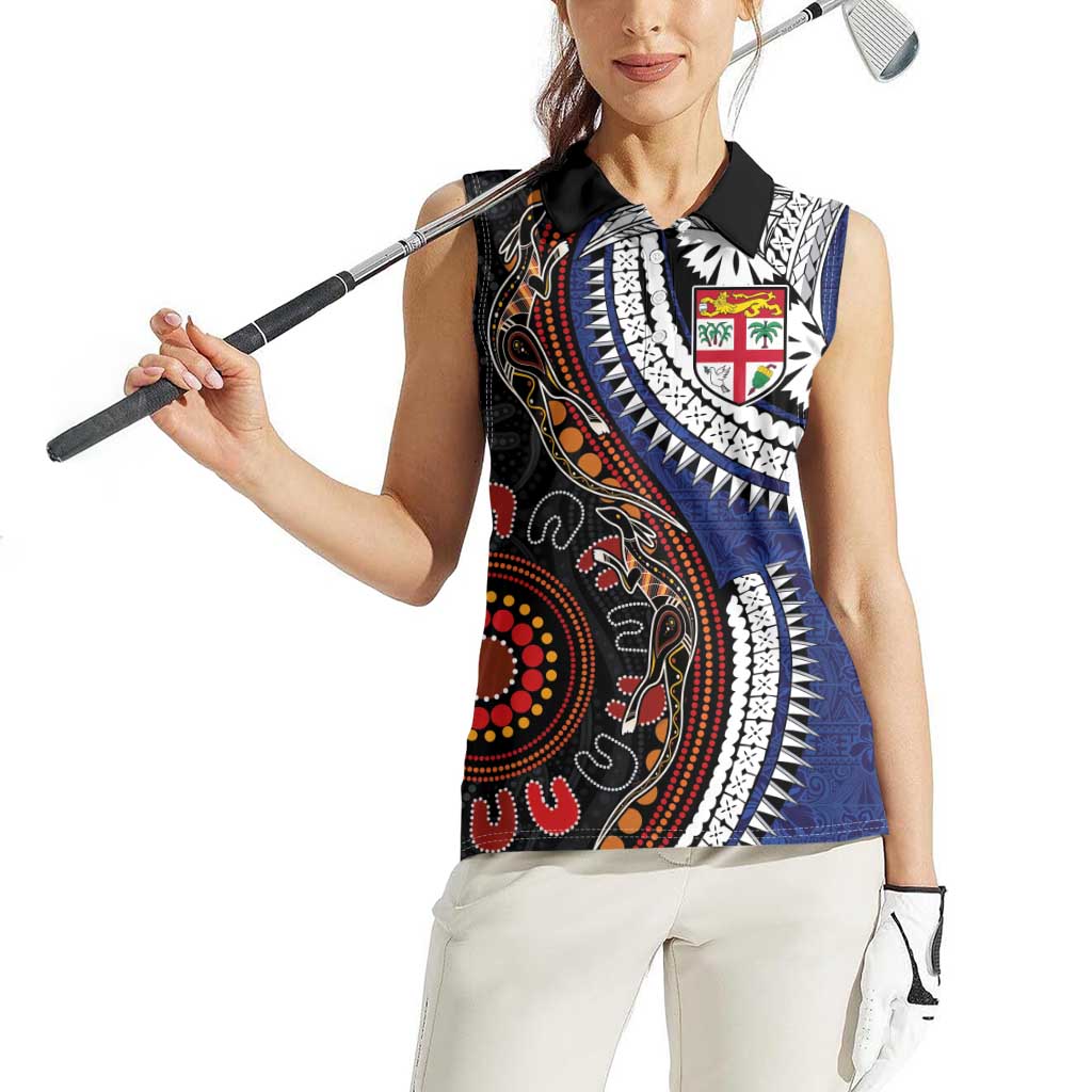 Fiji and Australia Together Women Sleeveless Polo Shirt Kangaroo Aboriginal with Tribal Tapa Hibiscus Half Style - Aussie Hoodie
