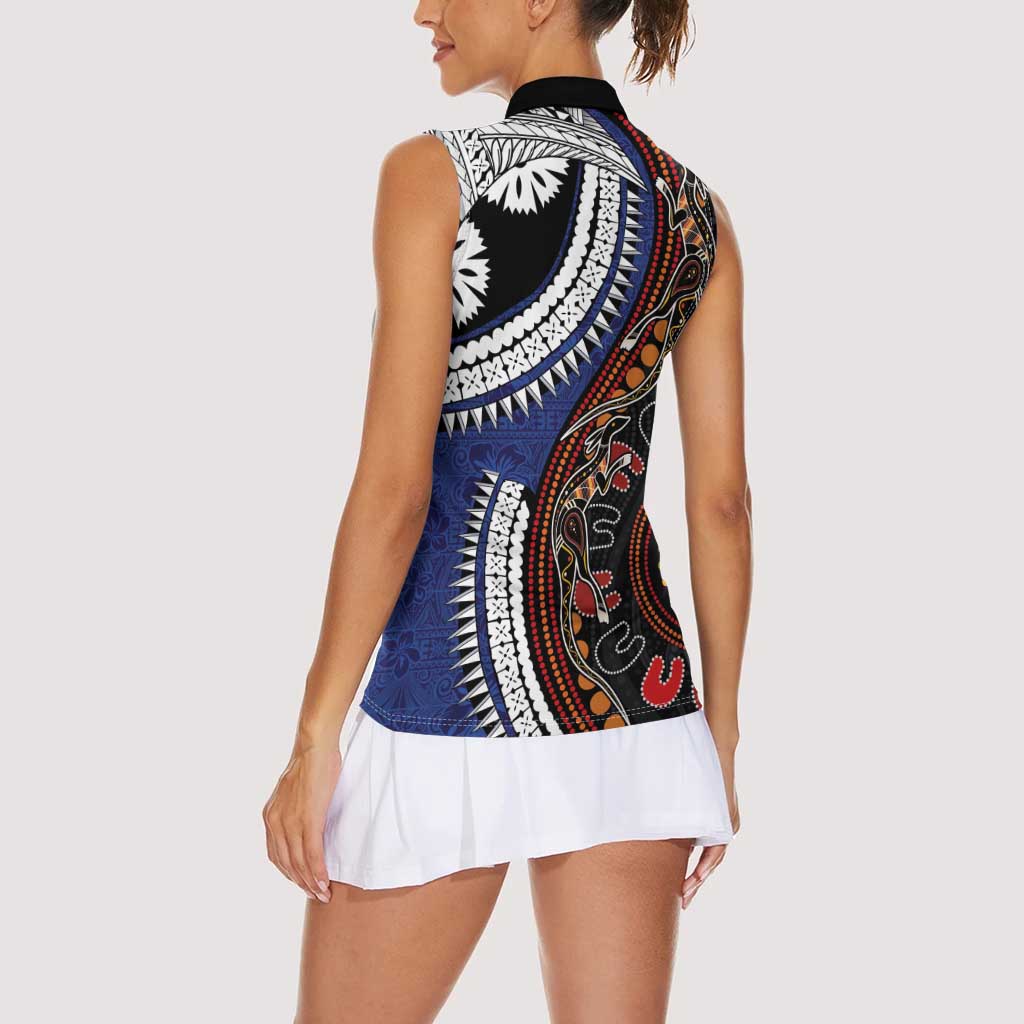 Fiji and Australia Together Women Sleeveless Polo Shirt Kangaroo Aboriginal with Tribal Tapa Hibiscus Half Style - Aussie Hoodie