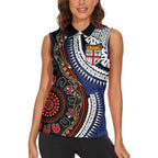 Fiji and Australia Together Women Sleeveless Polo Shirt Kangaroo Aboriginal with Tribal Tapa Hibiscus Half Style - Aussie Hoodie
