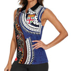 Fiji and Australia Together Women Sleeveless Polo Shirt Kangaroo Aboriginal with Tribal Tapa Hibiscus Half Style - Aussie Hoodie
