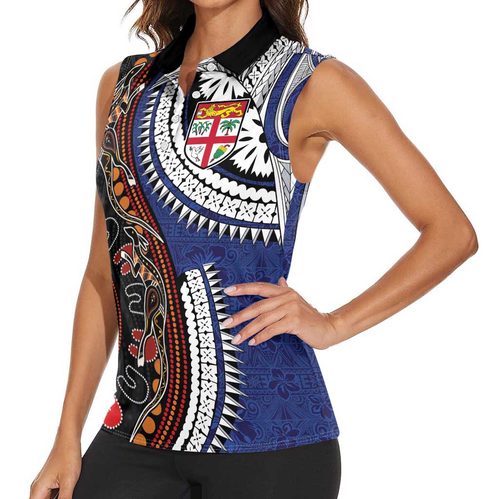 Fiji and Australia Together Women Sleeveless Polo Shirt Kangaroo Aboriginal with Tribal Tapa Hibiscus Half Style - Aussie Hoodie