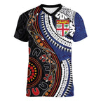 Fiji and Australia Together Women V-Neck T-Shirt Kangaroo Aboriginal with Tribal Tapa Hibiscus Half Style - Aussie Hoodie
