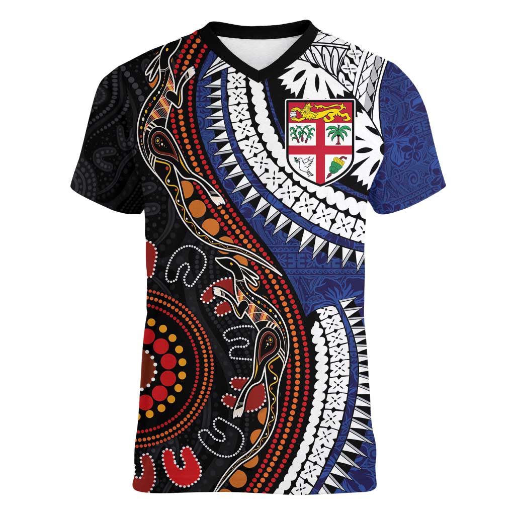 Fiji and Australia Together Women V-Neck T-Shirt Kangaroo Aboriginal with Tribal Tapa Hibiscus Half Style - Aussie Hoodie