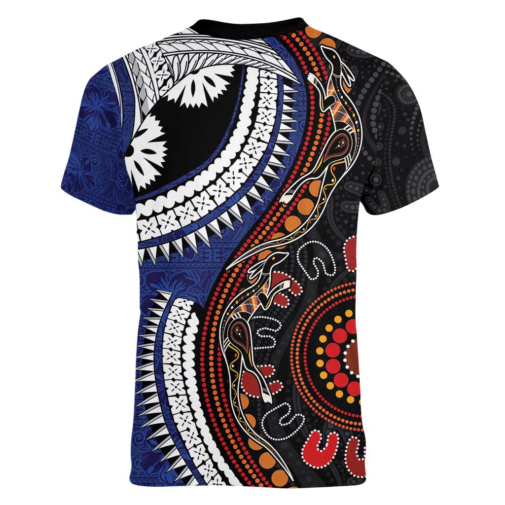 Fiji and Australia Together Women V-Neck T-Shirt Kangaroo Aboriginal with Tribal Tapa Hibiscus Half Style - Aussie Hoodie