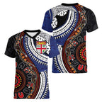 Fiji and Australia Together Women V-Neck T-Shirt Kangaroo Aboriginal with Tribal Tapa Hibiscus Half Style - Aussie Hoodie