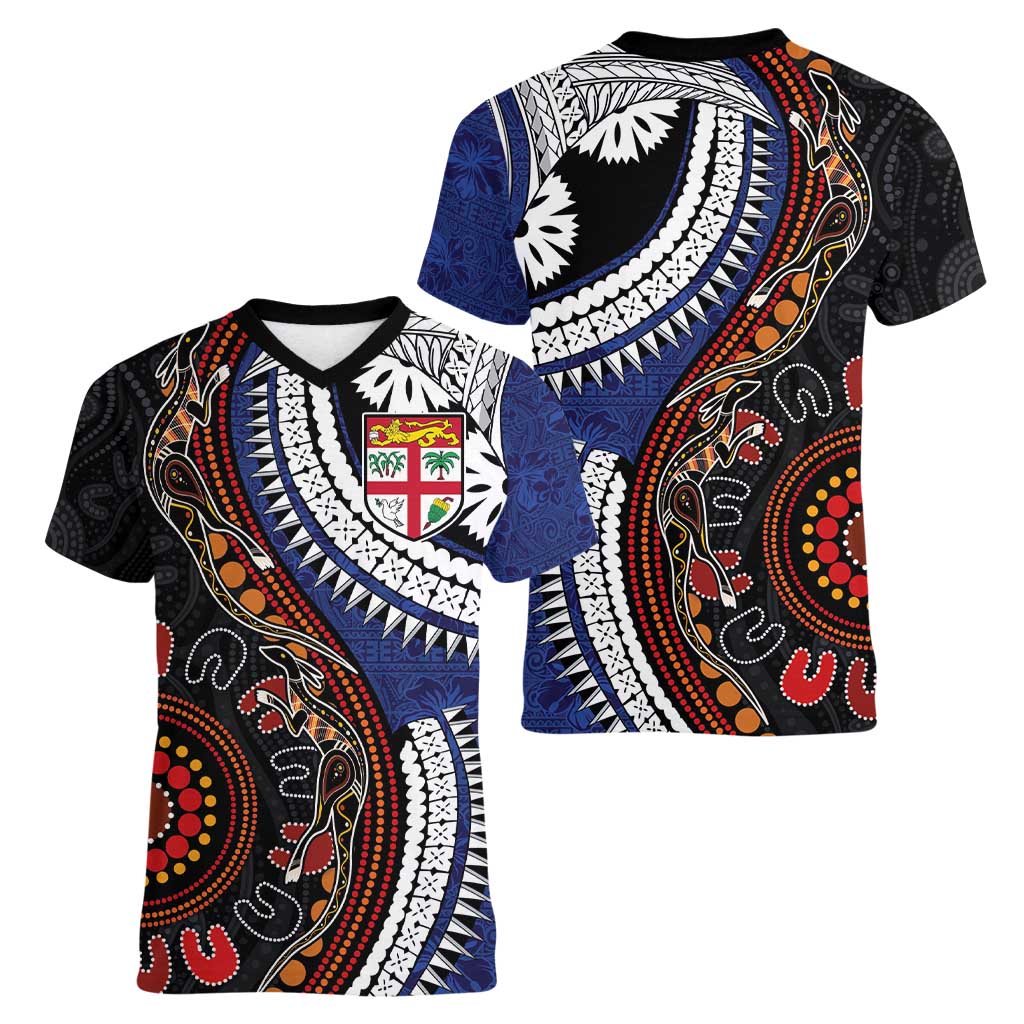Fiji and Australia Together Women V-Neck T-Shirt Kangaroo Aboriginal with Tribal Tapa Hibiscus Half Style - Aussie Hoodie