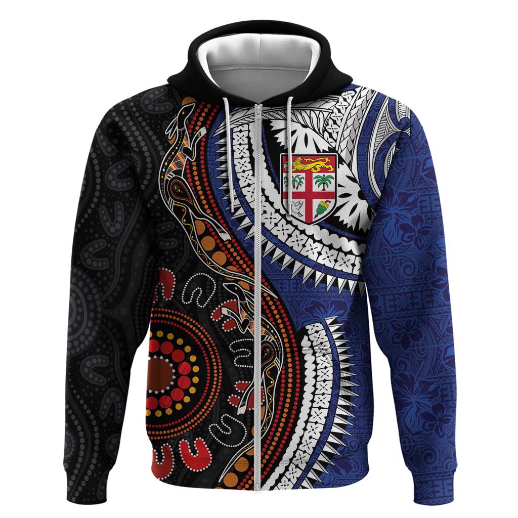 Fiji and Australia Together Zip Hoodie Kangaroo Aboriginal with Tribal Tapa Hibiscus Half Style - Aussie Hoodie