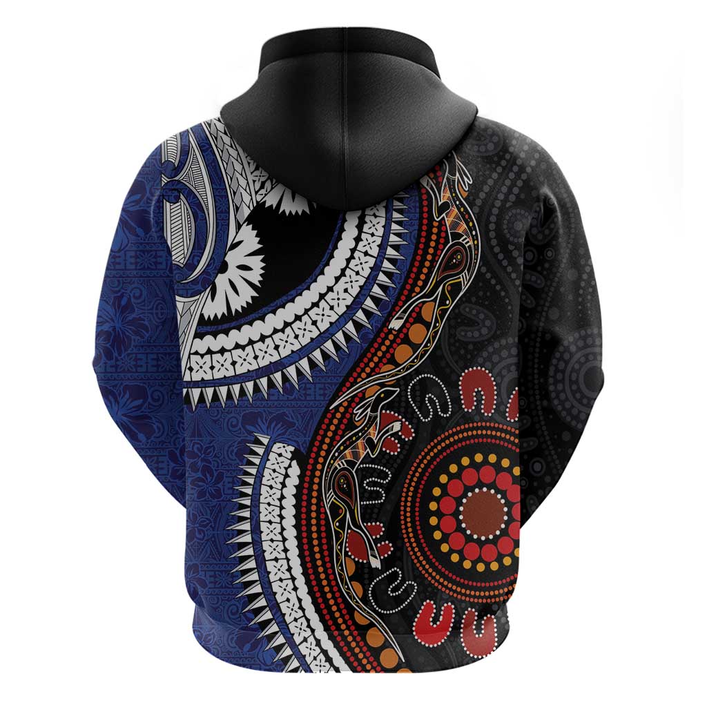 Fiji and Australia Together Zip Hoodie Kangaroo Aboriginal with Tribal Tapa Hibiscus Half Style - Aussie Hoodie