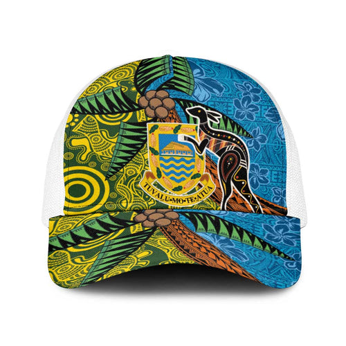 Tuvalu and Australia Together Baseball Net Cap Tapa Pattern and Aboriginal mix Culture
