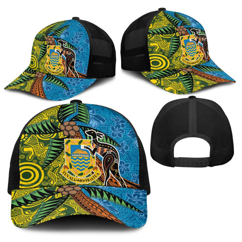 Tuvalu and Australia Together Baseball Net Cap Tapa Pattern and Aboriginal mix Culture