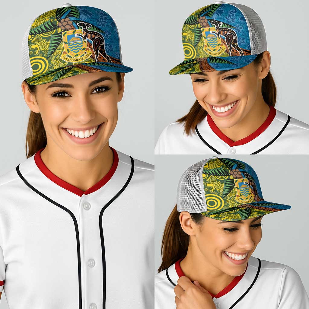 Tuvalu and Australia Together Baseball Net Cap Tapa Pattern and Aboriginal mix Culture