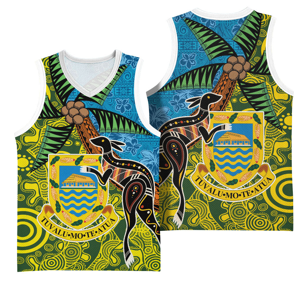 Tuvalu and Australia Together Basketball Jersey Tapa Pattern and Aboriginal mix Culture