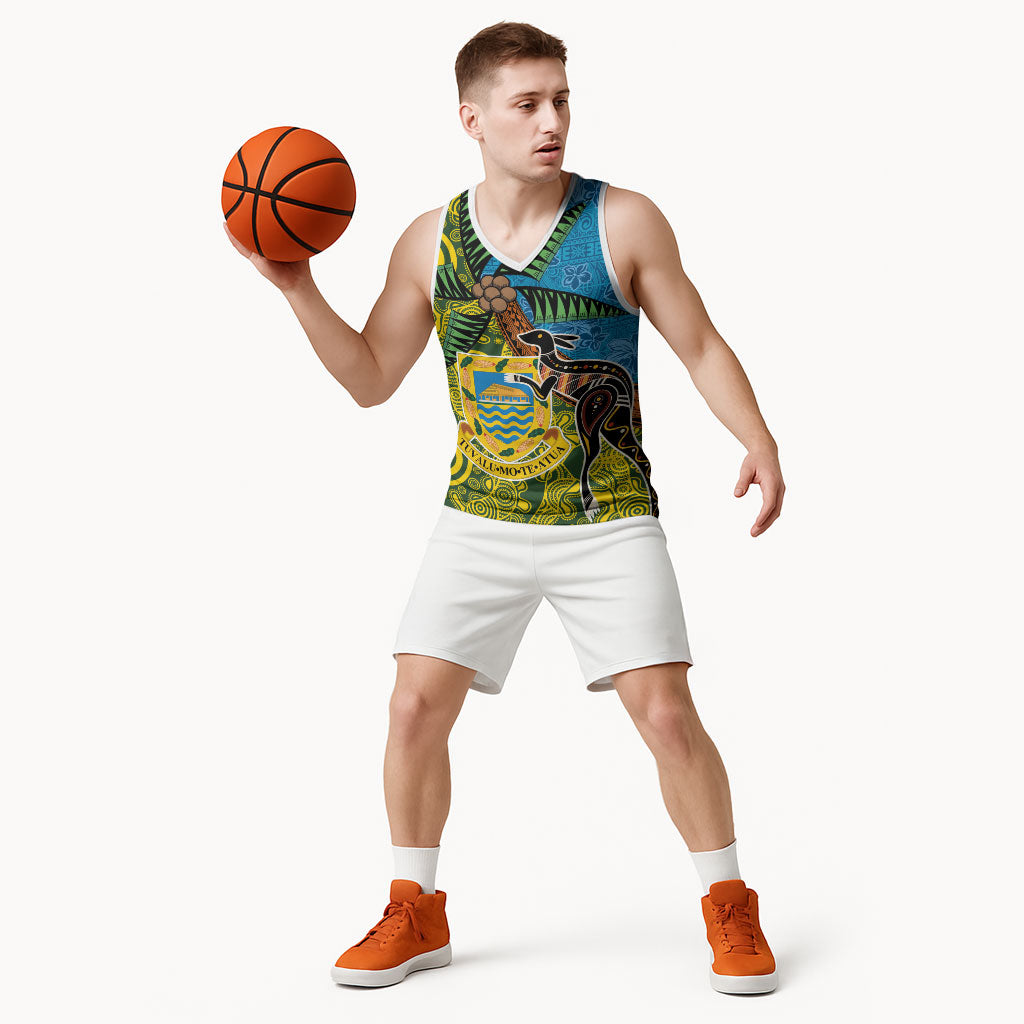 Tuvalu and Australia Together Basketball Jersey Tapa Pattern and Aboriginal mix Culture