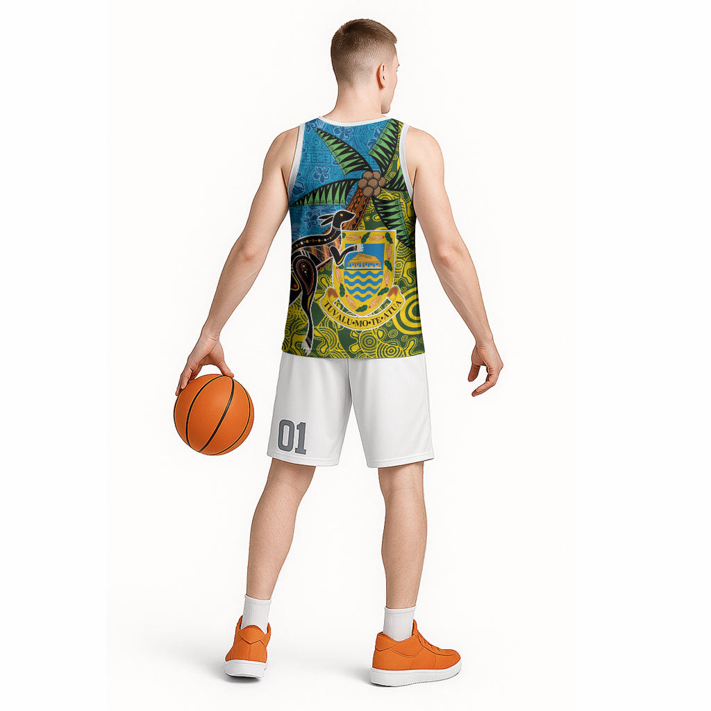 Tuvalu and Australia Together Basketball Jersey Tapa Pattern and Aboriginal mix Culture