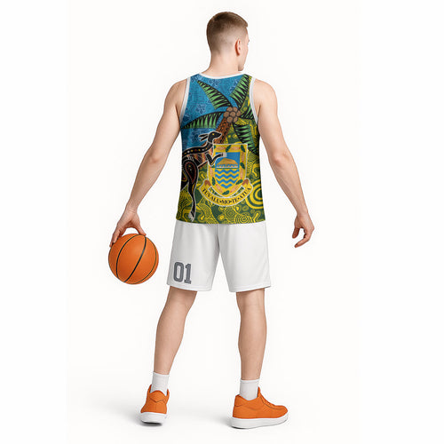 Tuvalu and Australia Together Basketball Jersey Tapa Pattern and Aboriginal mix Culture