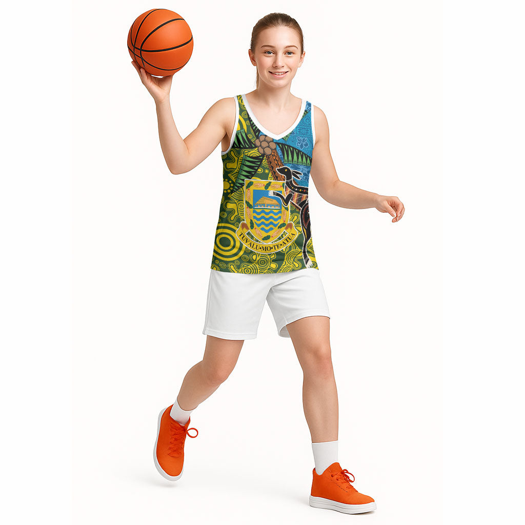 Tuvalu and Australia Together Basketball Jersey Tapa Pattern and Aboriginal mix Culture